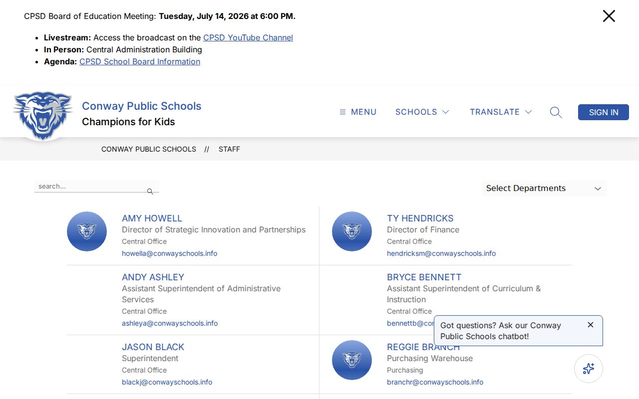 Conway people search directory screenshot of Conway Public Schools staff search